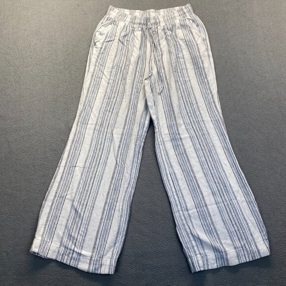 Briggs Womens Wide Leg Pants SZ M White & Blue Striped Elastic Waist Linen Blend - Picture 2 of 12
